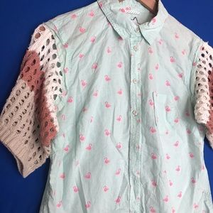 Upcycled Flamingo 🦩 Button Up with Knit sleeves